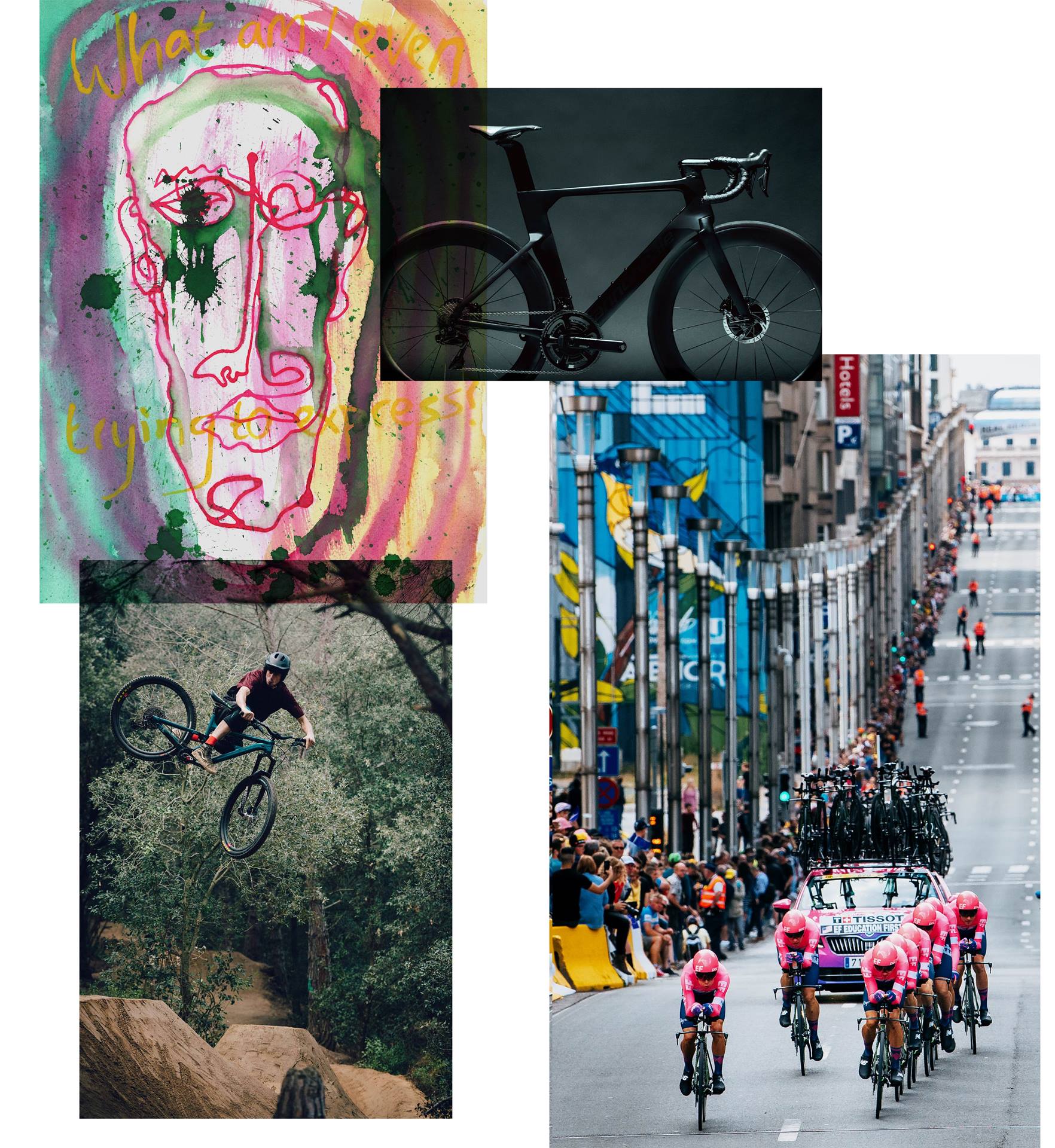 a collage of a group of people riding bikes