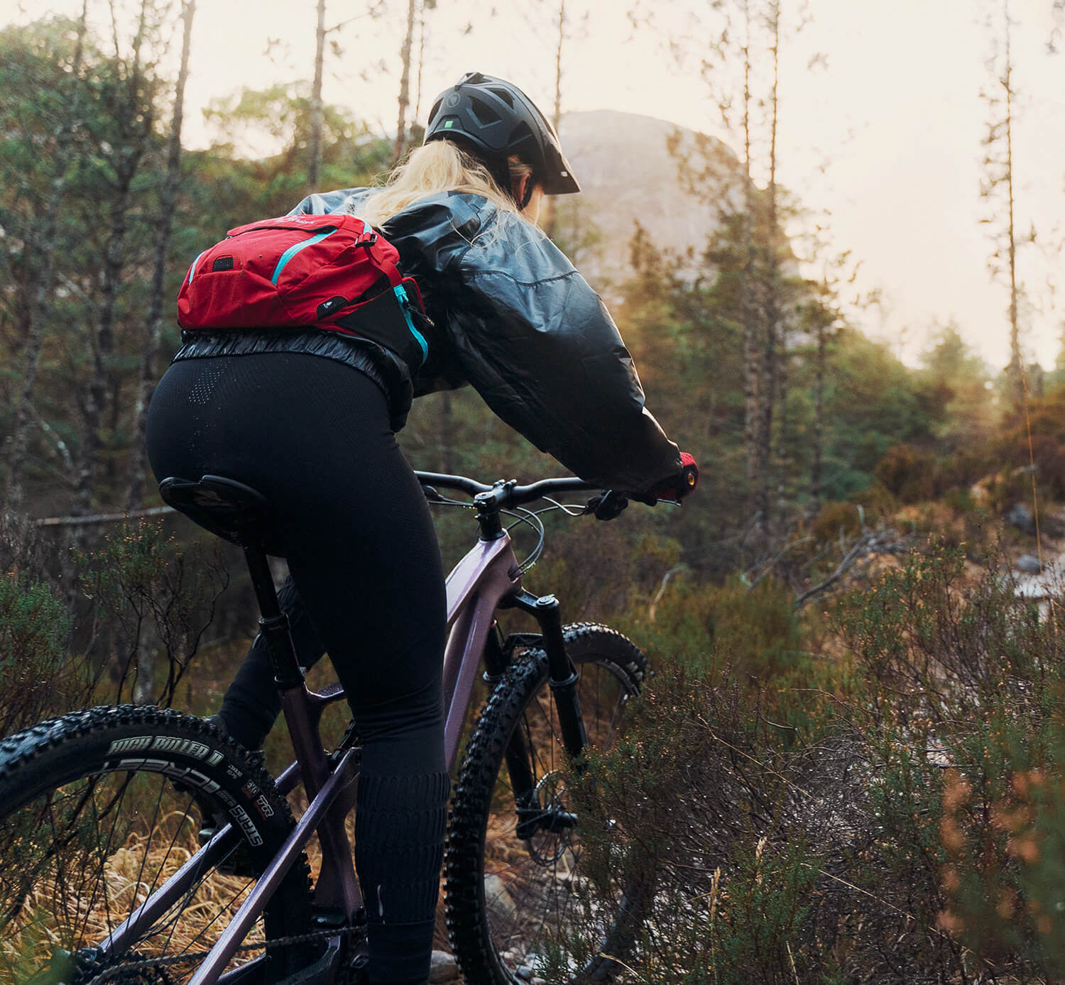 a person riding a bike in the woods